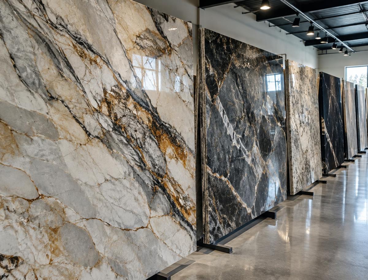 Quartzite slabs in showroom